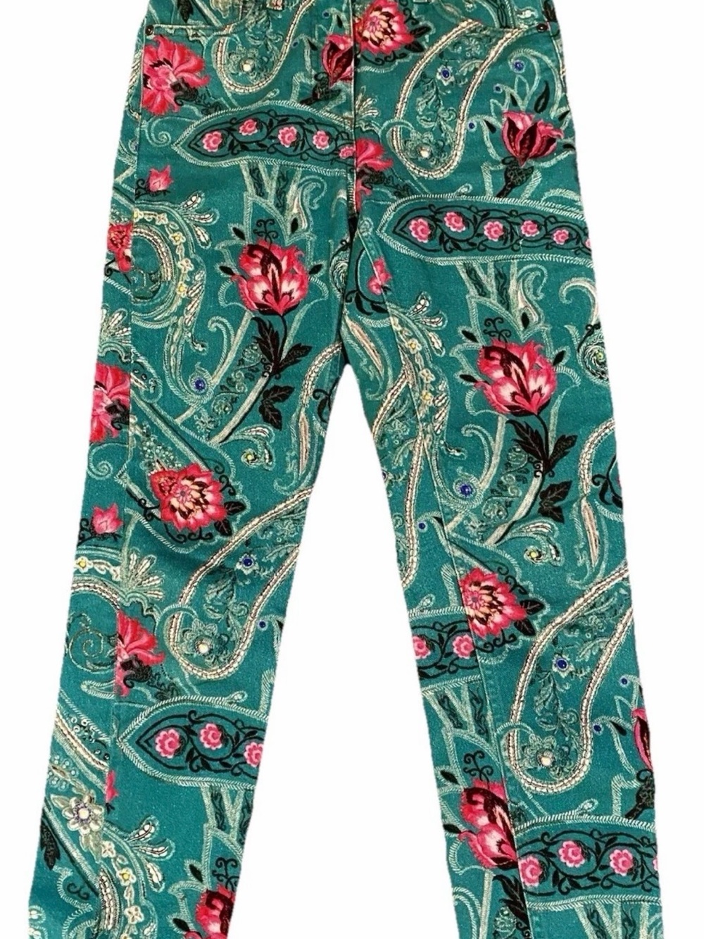 ETRO Milano Paisley Floral Velvet Trim Denim Jeans Italy Womens Size 29